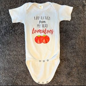 Punny Baby Onesie - “I am loved from my head tomatoes” (to my toes), 3-6 months